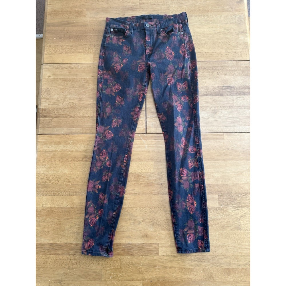 7 For All Mankind Jeans‎ Womens 27 Dark Rose Printed Mid Rise Skinny Stretch USA